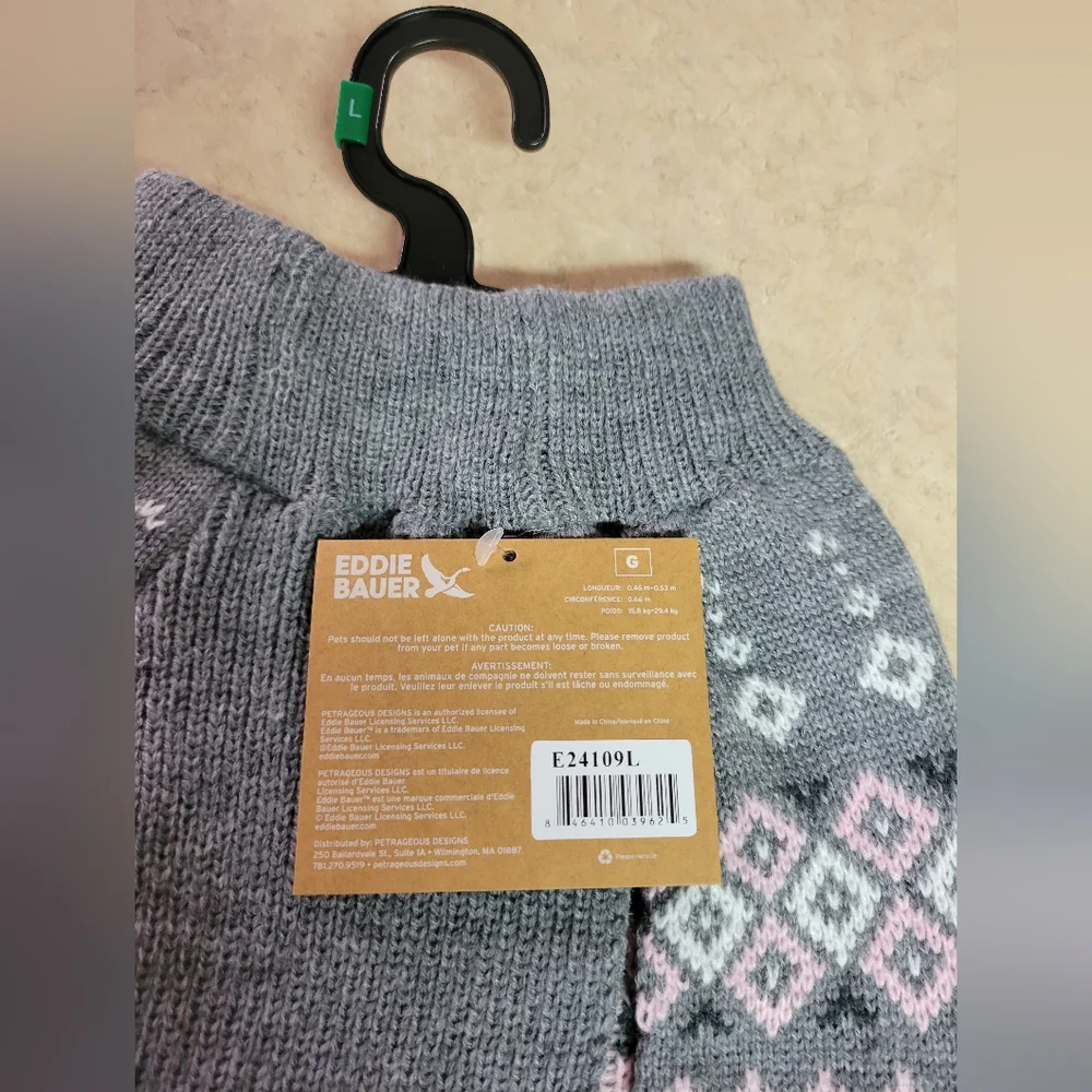 Eddie Bauer pet apparel size large dog sweater grey, white pink
